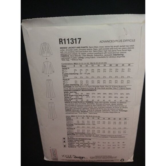 Vogue Sewing Pattern V1870 Misses' Jacket and Pants Sizes 8 through 16 - Picture 3 of 4